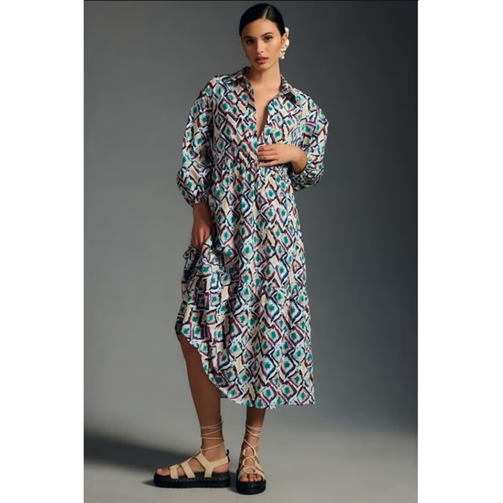 Maeve Bettina Shirt Dress 100% Cotton Small Multicolor Ikat Tiered Midi Artsy